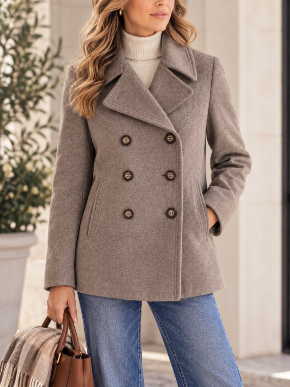 Calvin Klein Wool Silk Blend Double Breasted Taupe Pea Coat M Quiet Luxury EUC